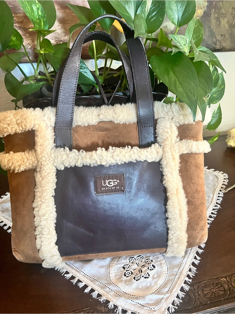 UGG Brown Leather and Suede Tote with Cream Shearling Trim